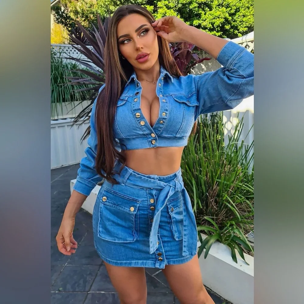 Stylish Blue Denim Crop Jacket and Skirt Set